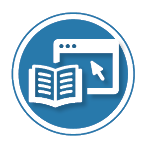 Icon of book and screen on blue background to illustrate Learn the risks of lead paint