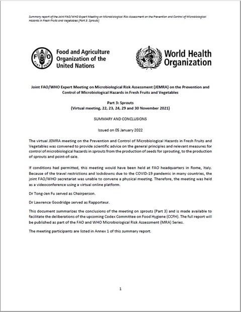 Joint FAO/WHO Expert Meeting on Microbiological Risk Assessment on the Prevention and Control of Microbiological Hazards in Fresh Fruits and Vegetables - Part 3: Sprouts